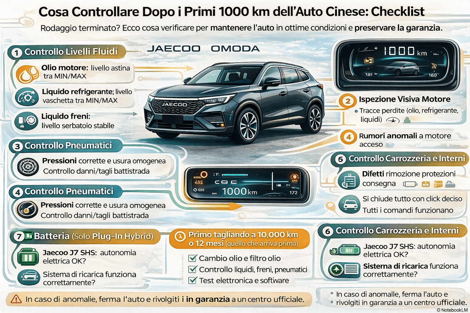 Dashboard di auto cinese che mostra 1000 km percorsi per controlli di rodaggio
